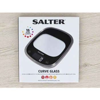 Salter 1050 Curve Glass 5 kg – opakowanie elektronicznej wagi z funkcją ważenia płynów