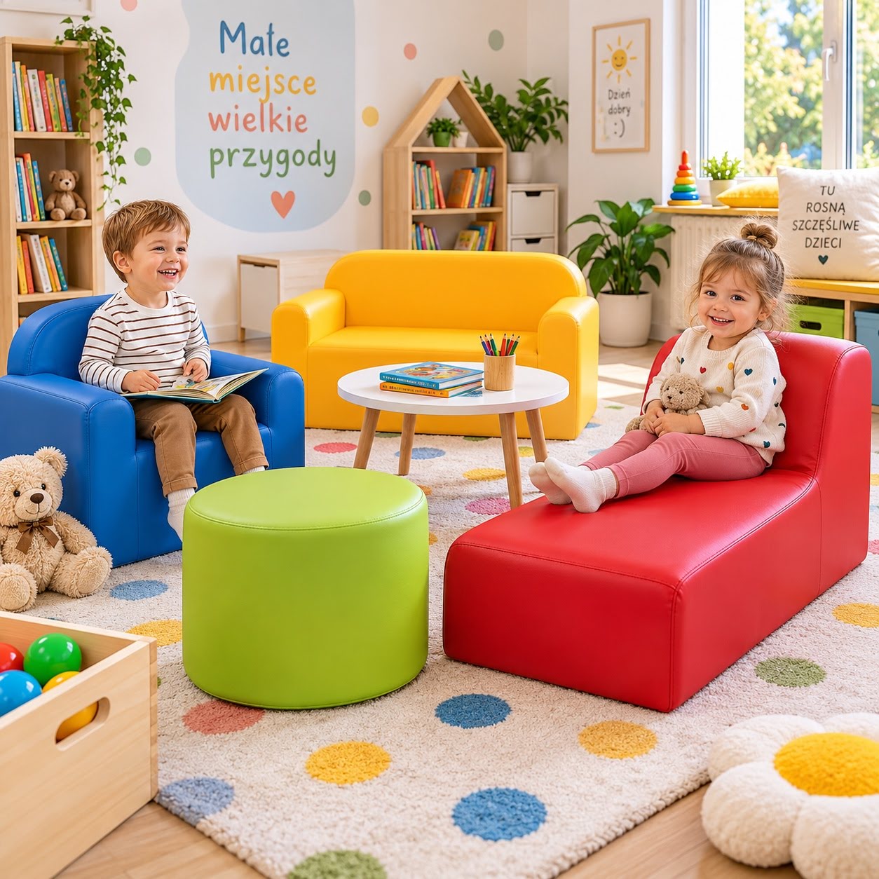 Meble piankowe dla dzieci – fotelik, pufa, kanapka i leżanka ze skaju