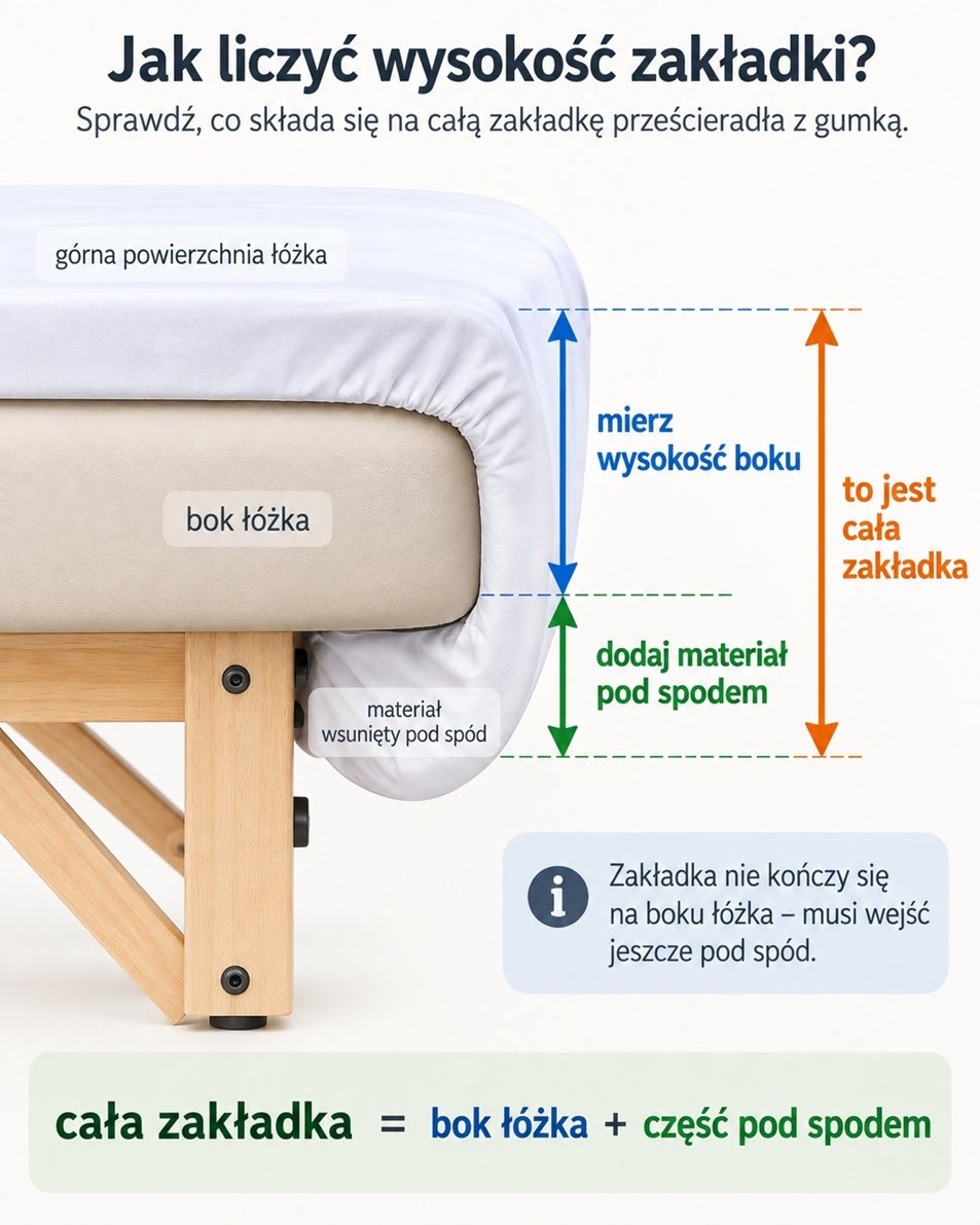 Jak liczyć wysokość zakładki prześcieradła z gumką na łóżko do masażu