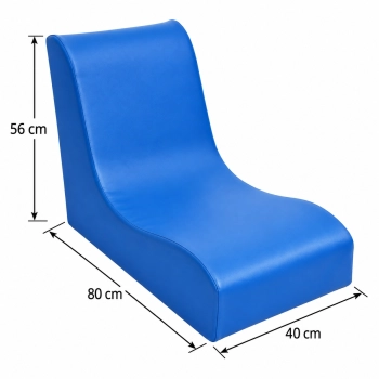 Niebieski profilowany fotel z wymiarami: wysokość 56 cm, szerokość 40 cm, długość 80 cm