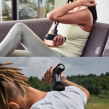 HoMedics MYTI HHP-65GM – mini pistolet do masażu w użyciu i zbliżenie urządzenia