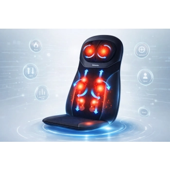 Wizualizacja 3D funkcji HoMedics SBM-75H – heat, target i strefy masażu pleców oraz karku.