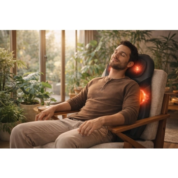 Masaż shiatsu w użyciu – mata HoMedics SBM-75H na fotelu, odprężenie karku i pleców.
